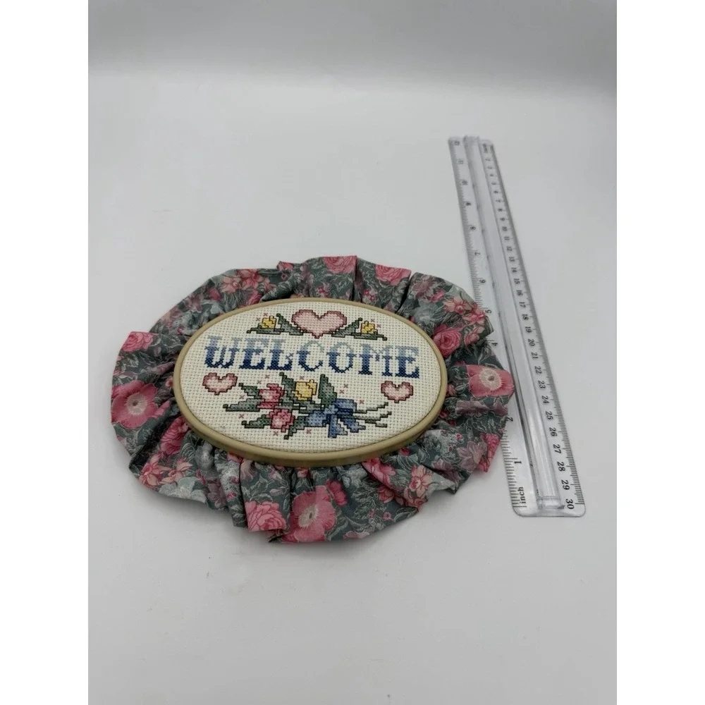 Hand Embroidered Welcome Oval Hoop Laced Edges Counted Cross Stitch Needlepoint